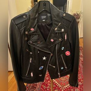 Lamarque black buttery soft leather moto jacket with brooch pins embellishment-M